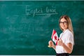 The young female english language teacher standing in front of the blackboard Royalty Free Stock Photo