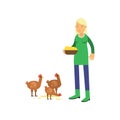 Young female farmer cartoon character in green rubber boots feeding chickens Royalty Free Stock Photo
