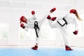 Young female fighter boxing using karate technique.