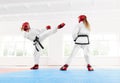 Young female fighter boxing using karate technique kick and punch.