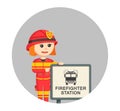 Young female firefighter standing with firefighter station Royalty Free Stock Photo