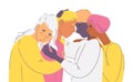 Young female friends supporting girl in hard moment. Concept illustration with close characters hugging each others. Closed eyes. Royalty Free Stock Photo