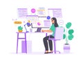Young female geek character. Woman programmer coding, blogger content develop or software programming. Casual technology worker,