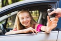 Young blond girl driver take away drink