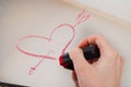 Women hand with red lipstick drawing heart and word love on mirror for Valentines day Royalty Free Stock Photo