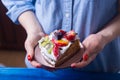 Young female hands holding plate with piece of sour cream cake with fruits decorated with flowers Royalty Free Stock Photo