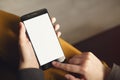 Young female hands using smartphone with white screen while sitting indoors Royalty Free Stock Photo