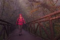 Young female hiker crossing bridge in misty forest Royalty Free Stock Photo