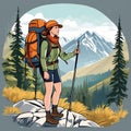 Young female hiker enjoying hiking in mountains. Woman traveler travels with backpack. Happy tourist girl is ready for adventure Royalty Free Stock Photo