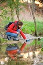 Hiker filling water bottle of raw water in a creek.