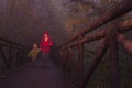 Young female hiker and son crossing bridge in misty forest Royalty Free Stock Photo