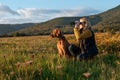 Young female hunter using binoculars for bird spotting with hungarian vizsla dog by her side, out in a meadow on a sunny evening. Royalty Free Stock Photo