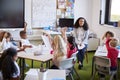 Young female infant school teacher sitting on a chair facing school kids in a classroom, raising their hands to answer a question