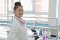 Young female Laboratory scientist working at lab with test tubes Royalty Free Stock Photo