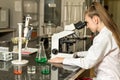 Young female laboratory technician working on compound microscope Royalty Free Stock Photo