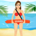 Young female lifeguard holding float lifesaver equipment