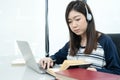 Young female long hair sitting in living room and learning online Royalty Free Stock Photo