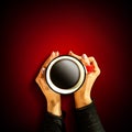 Young female manicured hands holding cup of coffee with fresh foam on dar red background.