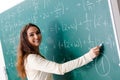 The young female math teacher in front of chalkboard Royalty Free Stock Photo