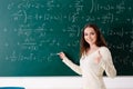 The young female math teacher in front of chalkboard Royalty Free Stock Photo