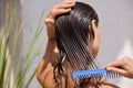 Young Female Model Putting Refreshing Mask On Long Wet Hair With Wooden Comb Royalty Free Stock Photo