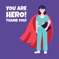 Young female nurse hospital medical employee with hero cape behind fights against diseases