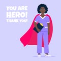 Young female nurse hospital medical employee with hero cape behind fights against diseases