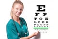 Young female doctor on eyesight test chart background. Royalty Free Stock Photo