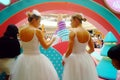 Young female performers perform at the opening ceremony and entertainment of a large shopping mall