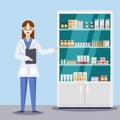 Young female pharmacist showing medicines and pills. Pharmacy or drugstore interior. Vector flat style illustration