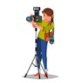 Young Female Photographer Vector. Take A Photo.