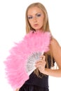 Young female with pink hand fan isolated