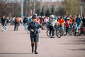 Young female police officer is on Lenin Square in Homel, Belarus