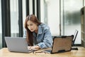Young female programmer working on laptops. Royalty Free Stock Photo