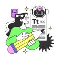 Young female prompt-engineer writing a prompt to a artificial neuron