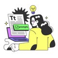 Young female prompt-engineer writing a prompt to a artificial neuron