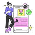 Young female prompt-engineer writing a prompt to a artificial neuron