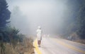 Young female in a raincoat on the road in the fog. Travel of women in the raincoat hitchhiking in the rain Royalty Free Stock Photo