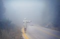 Young female in a raincoat on the road in the fog. Travel of women in the raincoat hitchhiking in the rain Royalty Free Stock Photo