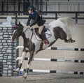 Young female rider on brown and white horse jumping over hurdle on equestrian sport competition