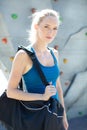 young female rock climber posing Royalty Free Stock Photo