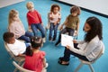 Young female school teacher reading a book to infant school children, sitting on chairs in a circle in the classroom listening, el