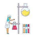 Young female scientist conducting experiment in lab. Cartoon chemist with test tubes and beakers. Scientific research