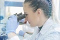 Young female scientist looking through a microscope in a laborat Royalty Free Stock Photo
