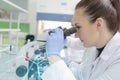Young female scientist looking through a microscope in a laborat Royalty Free Stock Photo