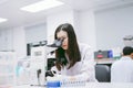 Young female scientist looking at microscope in medical laboratory Royalty Free Stock Photo