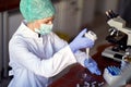 A young female scientist in a protective gear pipetting at the laboratory. Science, covid 19, virus, corona, chemistry, lab, Royalty Free Stock Photo