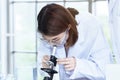 Young female scientist student looking through a microscope Royalty Free Stock Photo