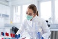 Young female scientist taking notes researching in lab