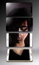 A young female is seen with her photo divided over the screens of four cell phones
